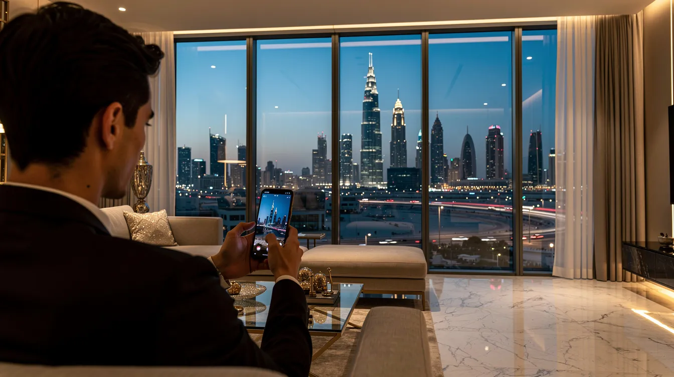 A person is sitting in a modern UAE apartment, using a smartphone to manage their finances, while a stunning city skyline is visible through the window behind them. The scene reflects the convenience of mobile banking services, such as Mashreq Bank's international money transfer options, allowing easy sending of money across countries.