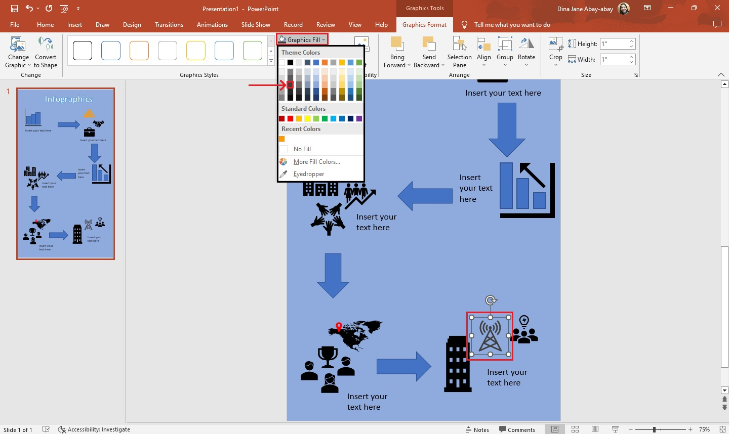 Select "Graphic Format" tab and click "graphic fill." Then select a desired color for your infographic in PowerPoint.
