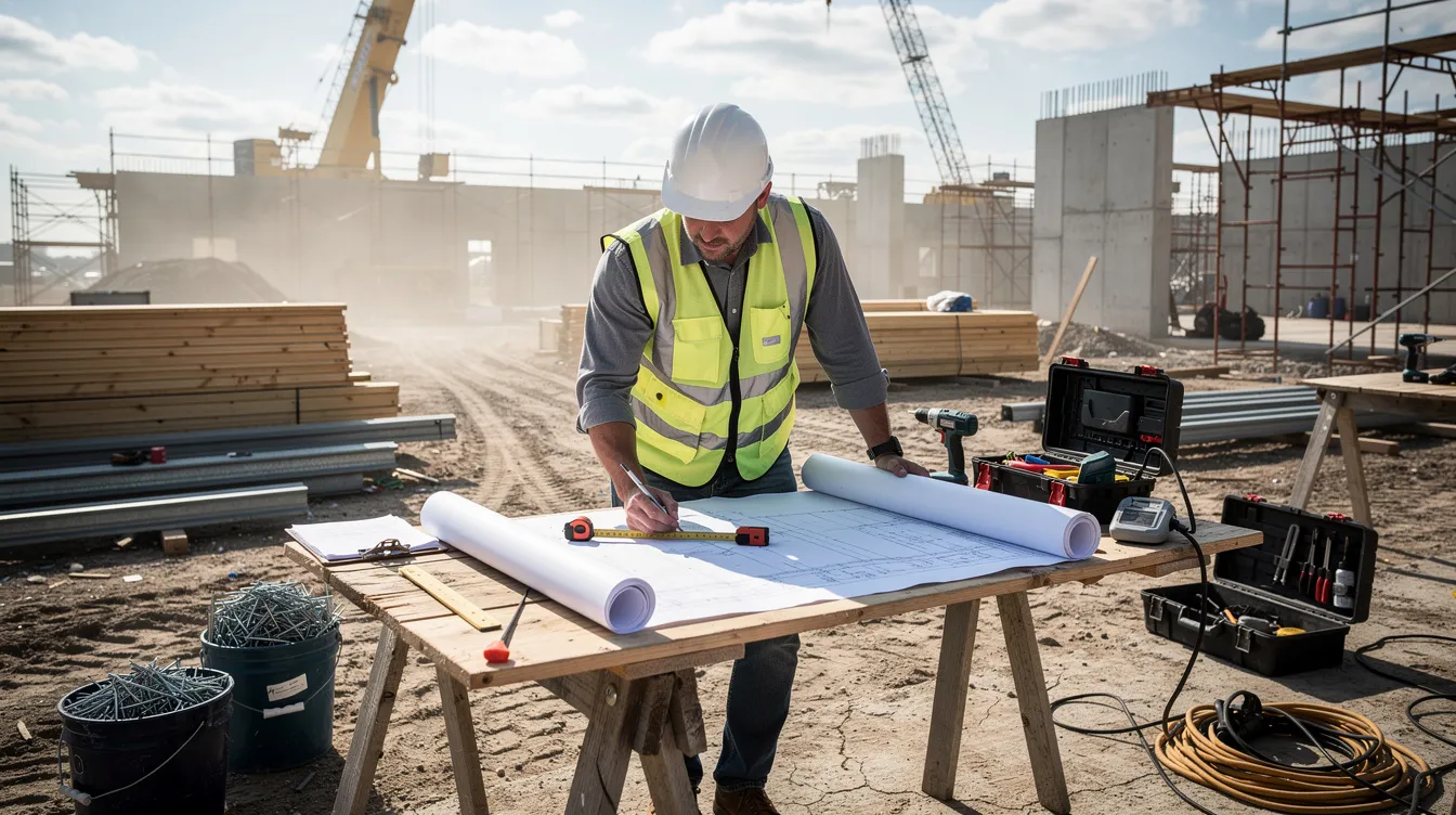 A contractor is examining blueprints at a construction site, surrounded by various tools and building materials. The scene highlights the meticulous planning required for home renovations, which can often involve financing options like a home equity line of credit (HELOC) to manage costs effectively.