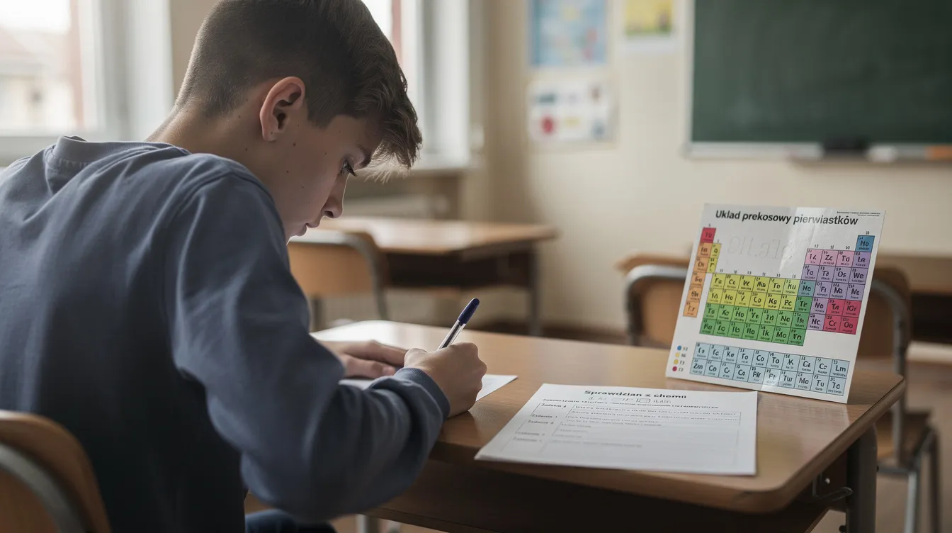 Na zdjęciu widać ucznia siedzącego w ławce szkolnej, kt&oacute;ry pisze test z chemii. Na biurku leży kartka z zadaniami oraz układ okresowy, a temat testu dotyczy tlenk&oacute;w i wodorotlenk&oacute;w.