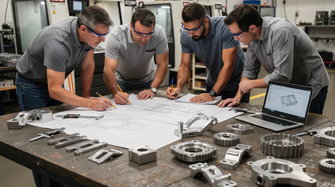 In a bustling workshop, engineers are intently reviewing technical drawings alongside samples of precision CNC machined parts made from stainless steel. The table is cluttered with various CNC parts, showcasing the intricate details and tight tolerances essential for high-quality manufacturing solutions in industries such as aerospace and medical devices.