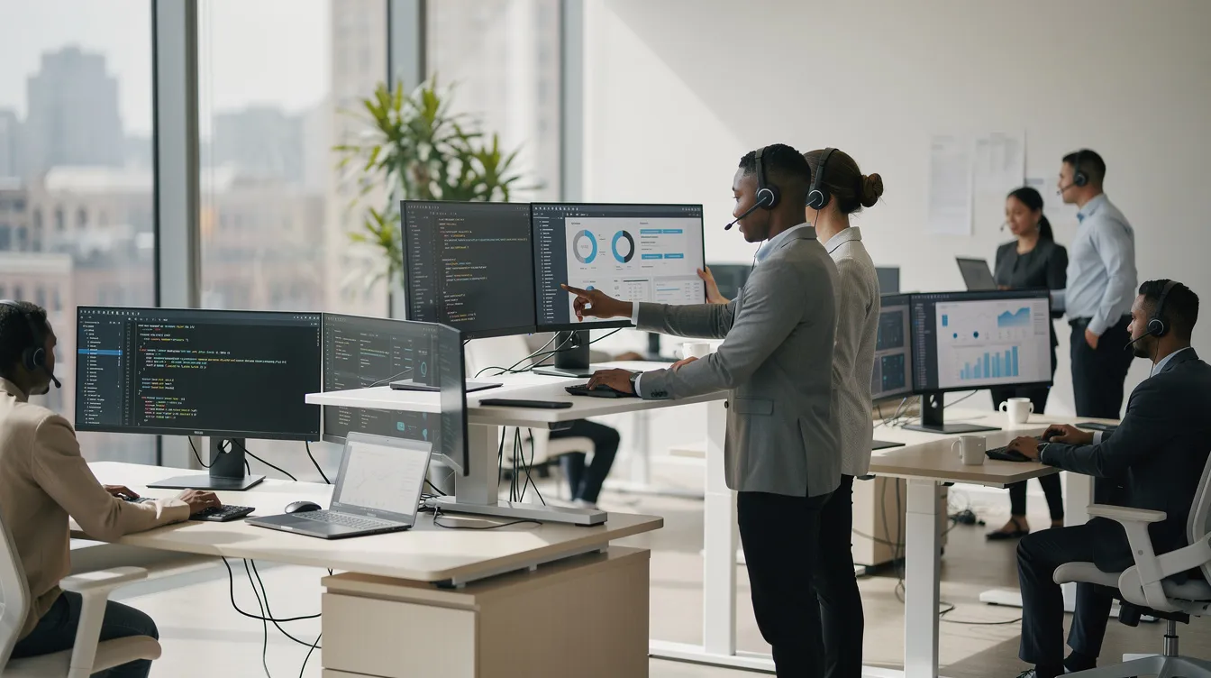 The image shows a group of professionals collaborating in a modern office environment, working at standing desks equipped with multiple screens. This dynamic setting reflects the innovative solutions and technical expertise often associated with an ecommerce development agency focused on enhancing online store performance and user experience.