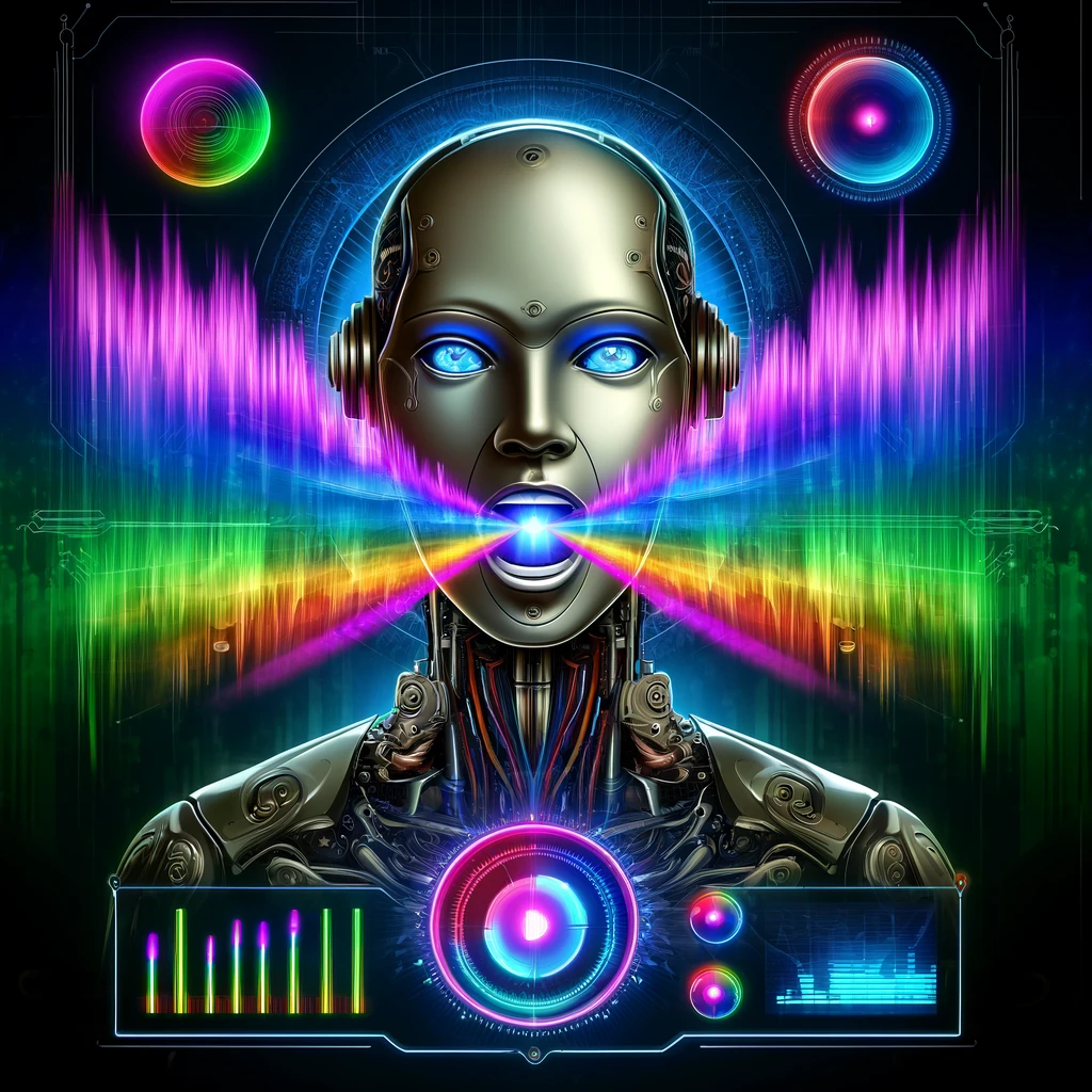 The image features a humanoid robot or AI interface, with its mouth open, emitting colorful sound waves that symbolize voice synthesis. The robot is surrounded by various dials and digital displays showing different voice modulation settings, set against a dark background with neon highlights, creating a dynamic and futuristic environment. This visualization captures the control and customization aspects of voice synthesis technology.