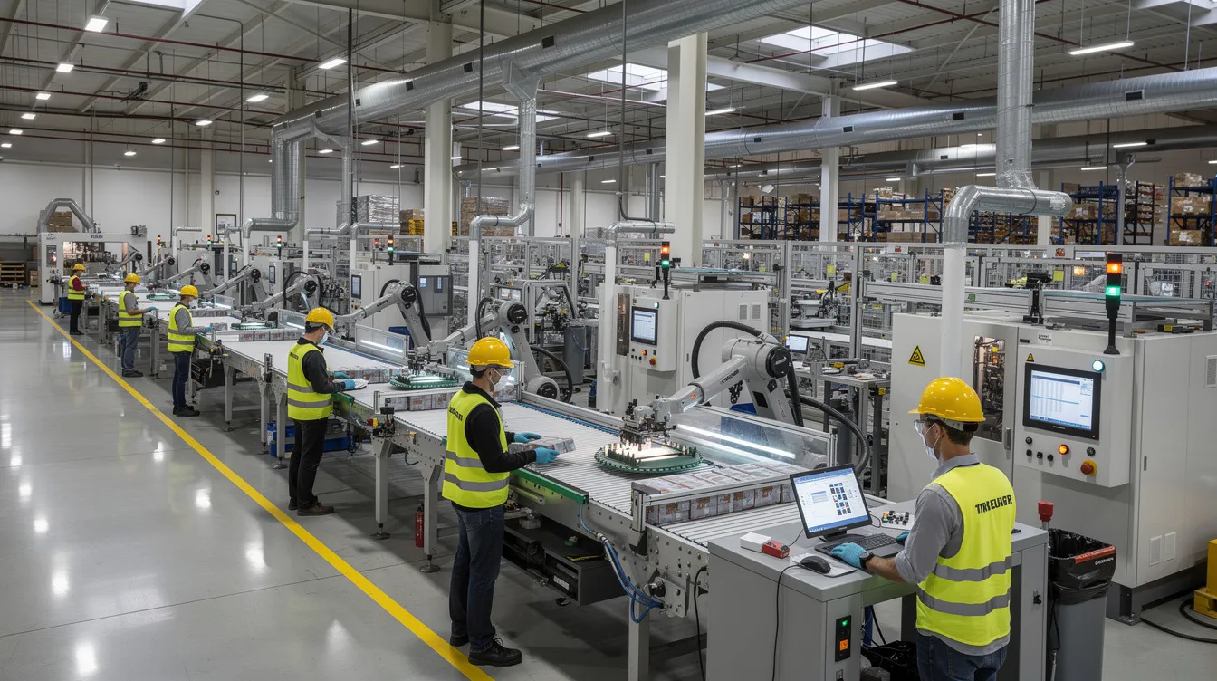 69f6c449 67e9 4227 a412 dd9551dde9ed The image depicts a modern factory floor bustling with activity, showcasing automated machinery alongside workers efficiently operating production lines. This environment reflects the manufacturing industry’s focus on streamlined processes and high-quality production, catering to various industries and responding to rising consumer demand.