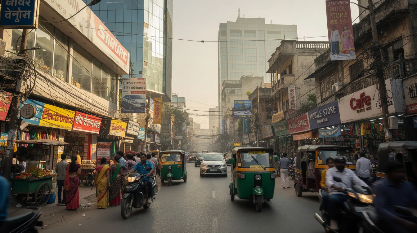 The image depicts a bustling commercial street in an Indian city, filled with various shops and modern buildings, showcasing a vibrant atmosphere where local businesses thrive. This lively scene reflects the entrepreneurial journey of young professionals and aspiring entrepreneurs seeking business opportunities in India's fastest growing cities.