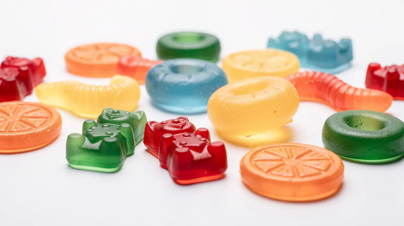 The image features an assortment of colorful gummy candies, beautifully arranged on a clean white surface, showcasing a variety of shapes and vibrant colors. These candies may appeal to those interested in hemp derived products or cannabis infused foods, reflecting the growing popularity of such treats in legal markets like Rhode Island.