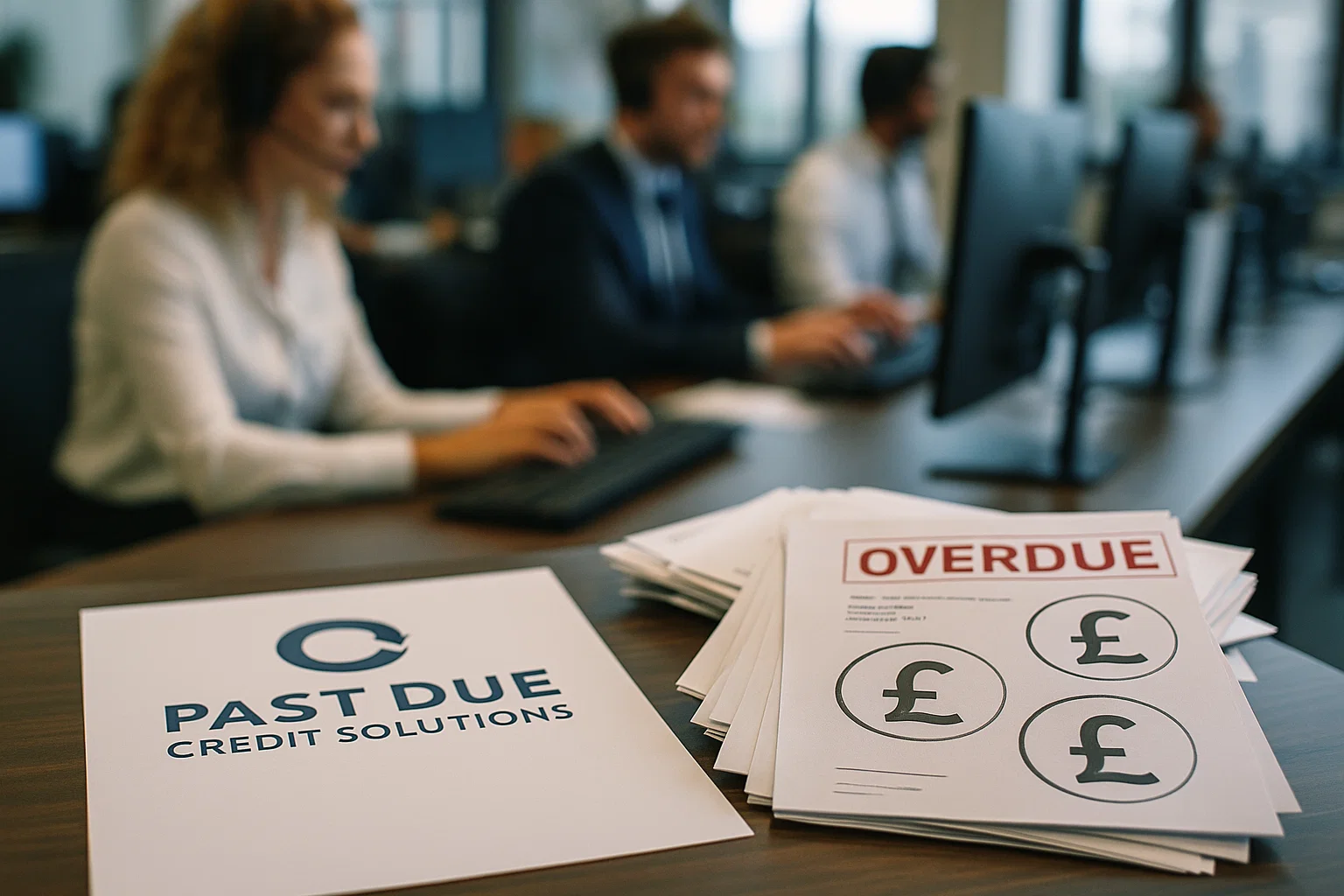 Desk with a Past Due Credit Solutions letter and overdue bills in a UK debt collection office.
