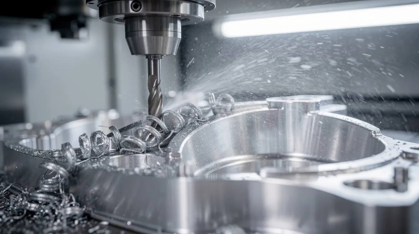 A close-up view of a CNC milling machine in action, cutting an aluminum aerospace component, with coolant spray visibly cooling the cutting tools during the machining process. The image highlights the precision of the tool movements and the intricate details of the part being manufactured, showcasing modern manufacturing processes.