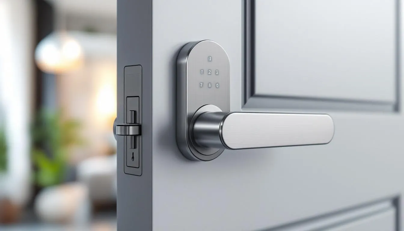 A close-up of a smart lock on a door, demonstrating its keyless entry feature and modern design.