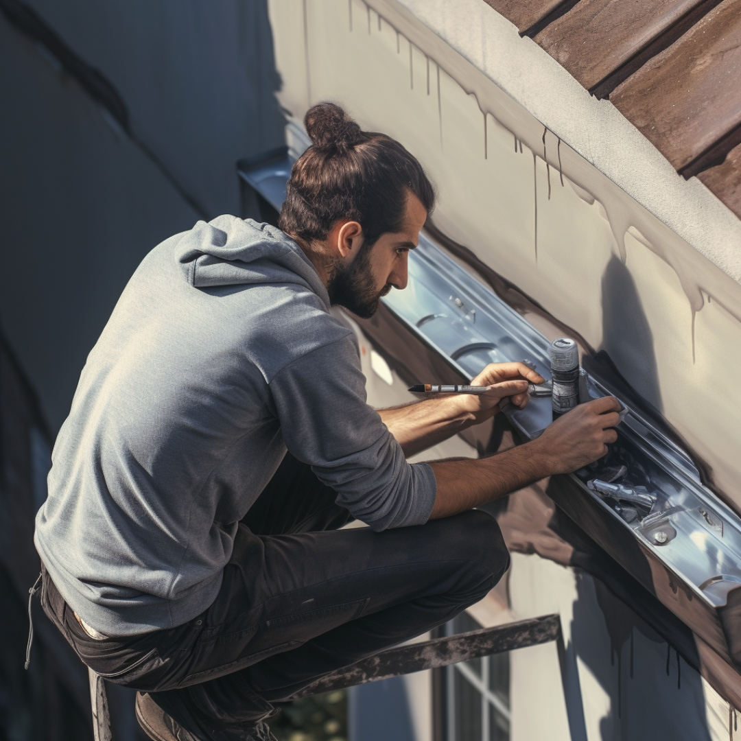 A person painting a gutter with a paint brush