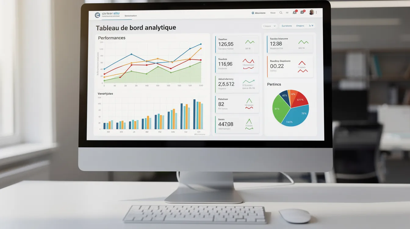 L'image montre un écran d'ordinateur affichant un tableau de bord analytique, rempli de graphiques de performance illustrant les résultats d'une entreprise. Cet outil de gestion est crucial pour le suivi des objectifs et le développement stratégique des projets d'entreprise.