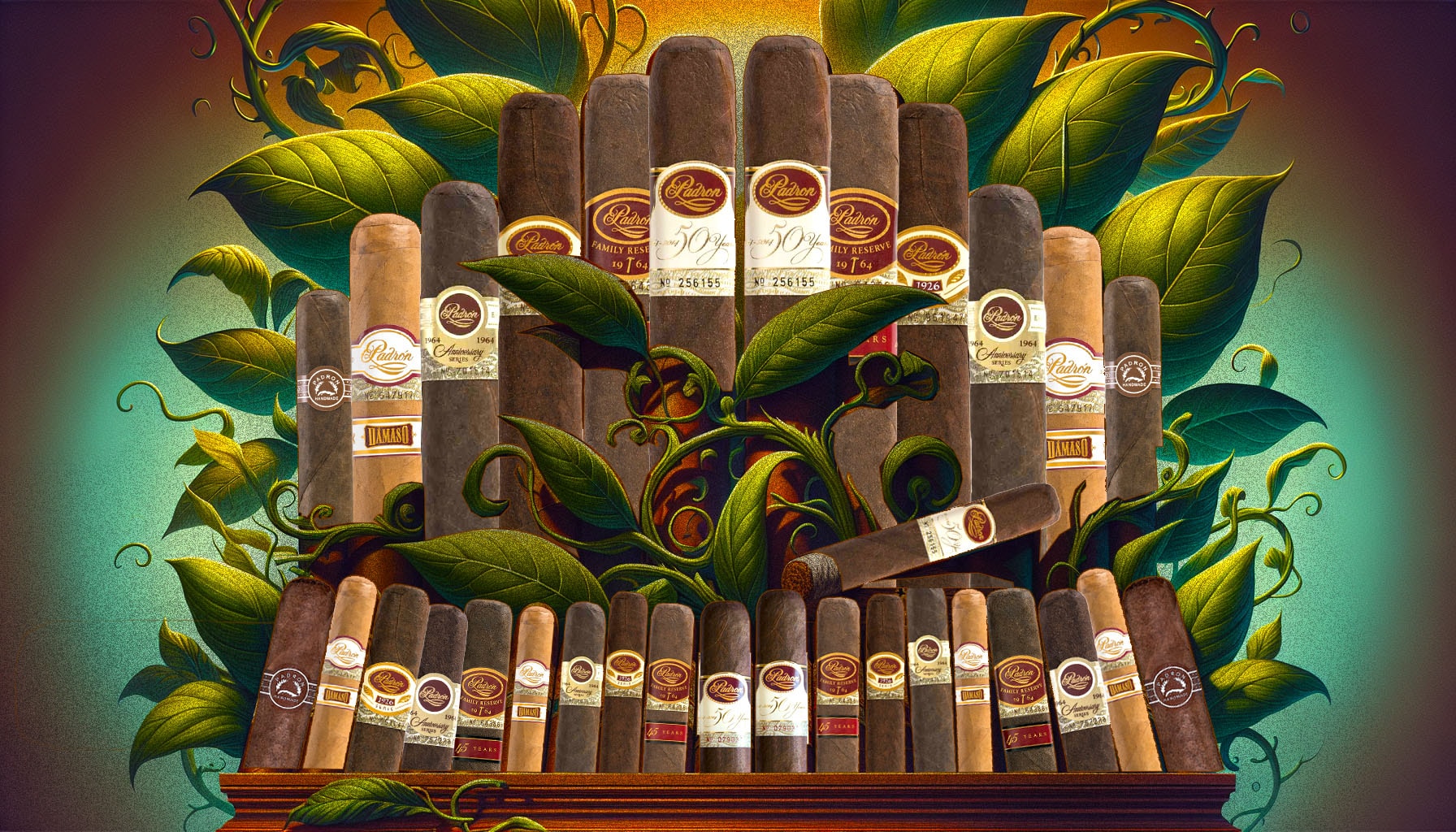 An illustration depicting the legacy of Padron cigars with a blurred background of cigars and tobacco leaves.