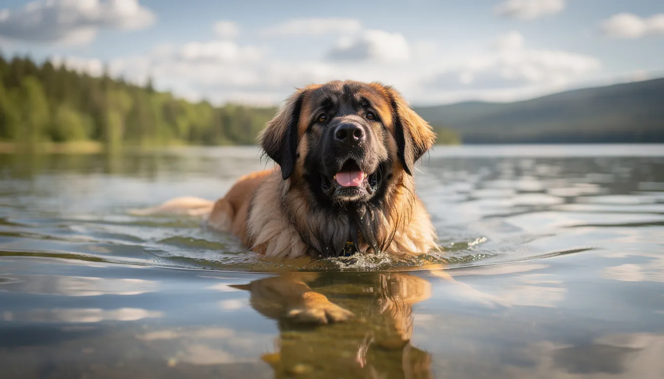 Na zdjęciu widać radosnego psa rasy leonberger, który pływa w jeziorze. Jego muskularna sylwetka i długie, lwi żółte futro są widoczne w wodzie, a wyraz pyska zdradza szczęście i radość z zabawy.