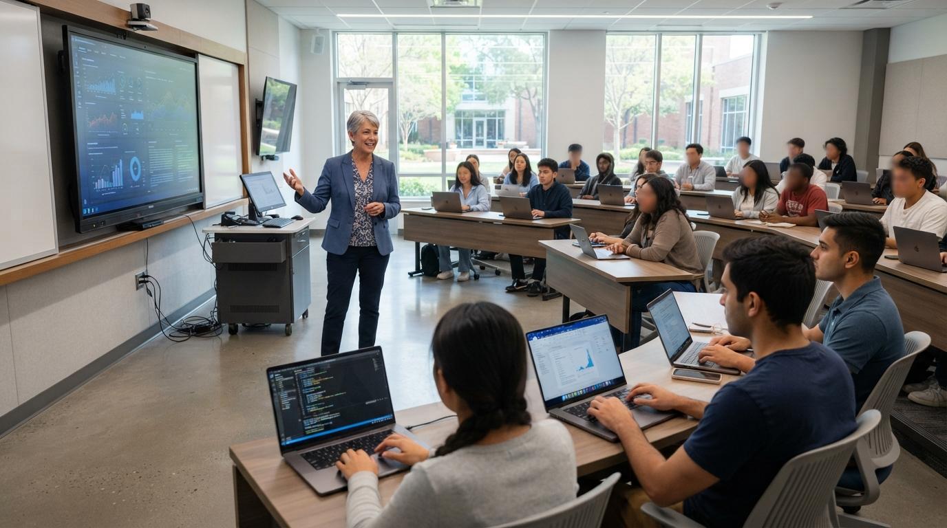 Photorealistic university professor teaching while students use laptops in a modern smart classroom, seamlessly integrating AI-assisted learning into daily coursework, clean academic environment.
