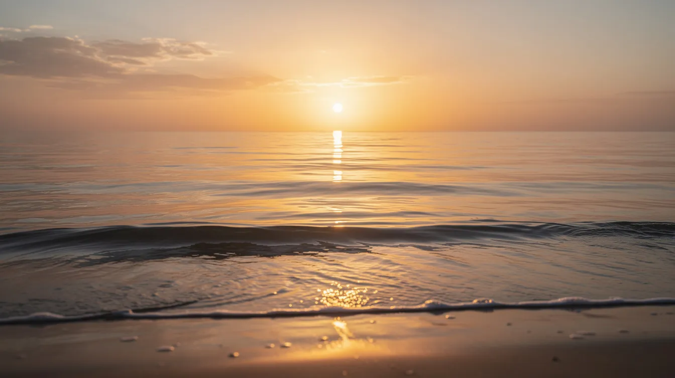 The image depicts a breathtaking golden sunrise emerging over a calm ocean horizon, with shimmering light reflecting on the water's surface, symbolizing the divine completeness often associated with the number seven in biblical numerology. This serene scene evokes a sense of peace and spiritual perfection, reminiscent of God's creation and the promise of eternal life.