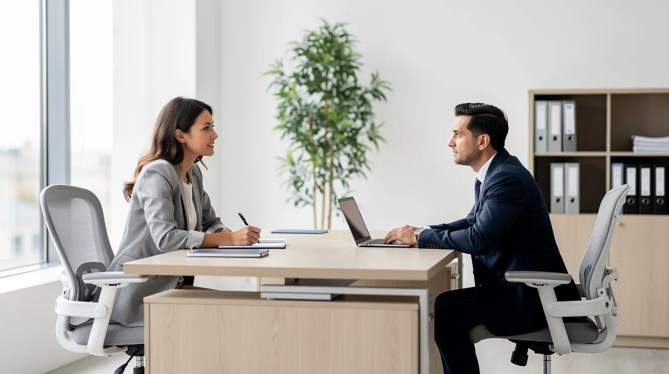 Une image professionnelle d'un bureau moderne où deux personnes sont en consultation, discutant de questions liées à l'immigration au Canada. L'ambiance est sérieuse et conviviale, reflétant l'expertise des consultants en immigration qui offrent des solutions personnalisées à leurs clients.