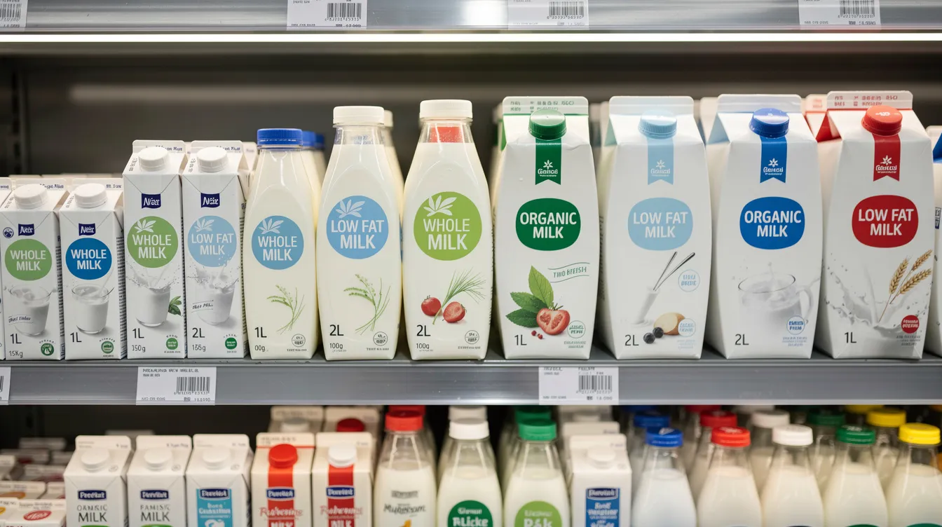 The image shows a retail store shelf filled with a variety of milk cartons and Tetra Pak packages in different sizes, showcasing various milk products such as UHT milk, flavored milk, and milk powder. This display highlights the diversity of dairy products available in the market, emphasizing the importance of efficient milk processing and packaging in the dairy industry.