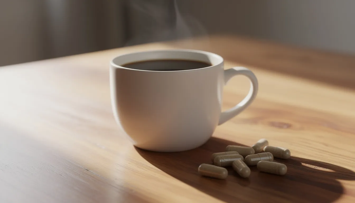 A warm cup of coffee sits alongside colorful supplement capsules on a rustic wooden table, illuminated by the soft morning light. This arrangement suggests a focus on enhancing energy metabolism and supporting cognitive function, emphasizing the potential health benefits of combining NMN with coffee for improved vitality and healthy aging.