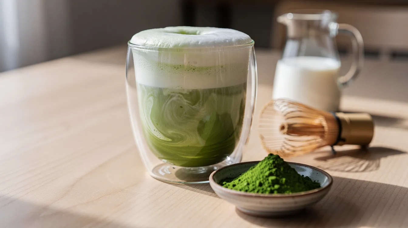 Ein ultra-realistisches Bild eines Matcha Lattes aus Hafermilch in einem klaren Glas, das auf einem hellen Holztisch steht. Der lebendige grüne Matcha mit cremigem Hafermilchschaum wird von einem Bambusbesen und einer kleinen Schale mit leuchtendem Matcha-Pulver begleitet, während im Hintergrund ein kleiner Krug mit Hafermilch zu sehen ist, was eine gemütliche Küchenatmosphäre schafft.