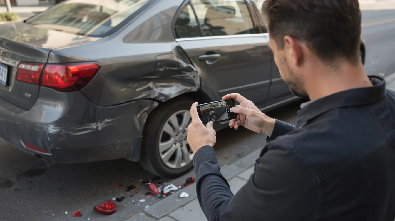 Una persona está tomando fotografías con su teléfono celular de los daños visibles en un automóvil después de un accidente automovilístico. Esta acción puede ser crucial para documentar pruebas que podrían ser útiles en un caso de accidente y para la consulta con un abogado de accidentes en Houston.