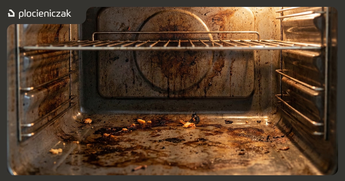 Brudny piekarnik z przypalonym tłuszczem i resztkami jedzenia wymagający czyszczenia