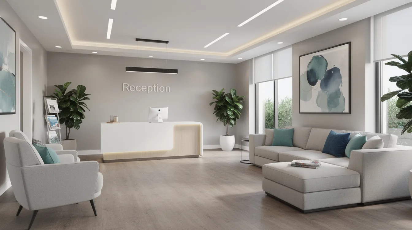 The image depicts a welcoming and modern medical office reception area, featuring clean lines and comfortable seating, designed to create a soothing environment for patients. This space is ideal for consultations related to various procedures, including labiaplasty surgery, where individuals can discuss their aesthetic goals and recovery process with a board-certified plastic surgeon.