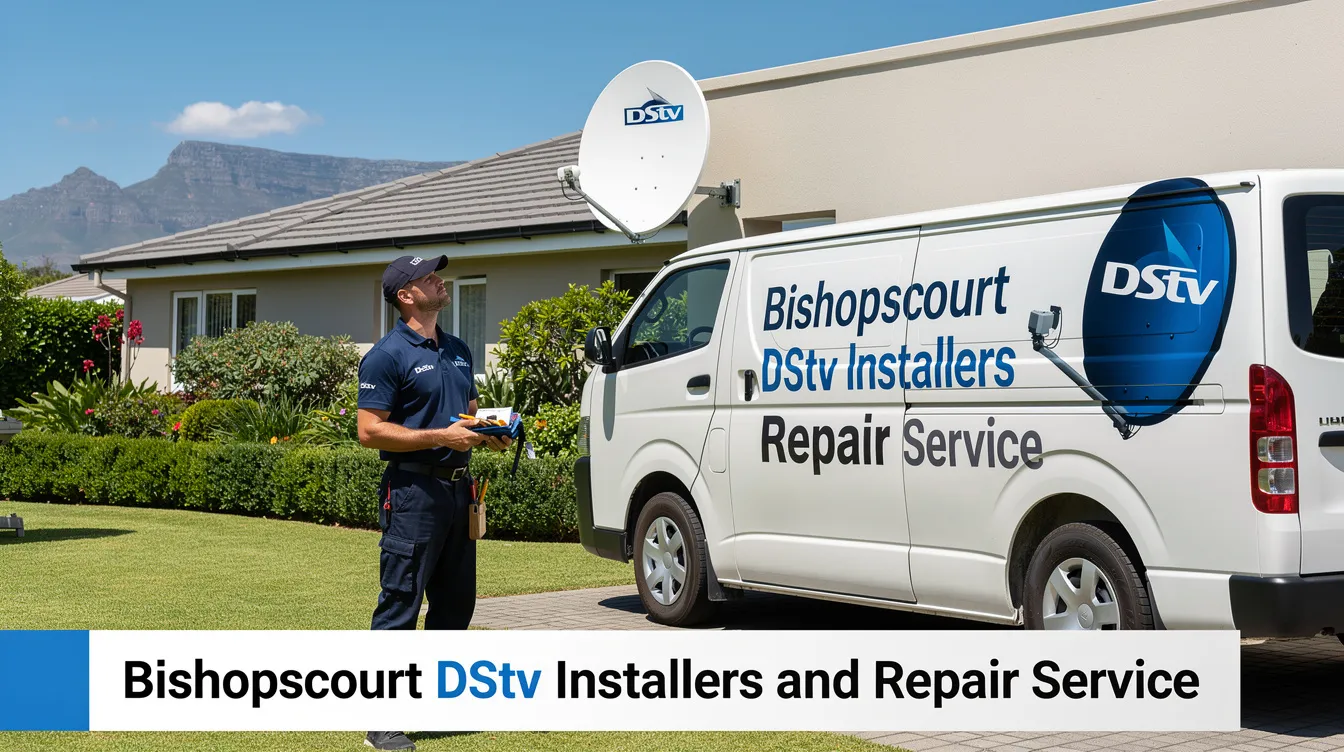 The image showcases a professional DStv installation service in Bishopscourt, featuring a skilled technician setting up a satellite dish and decoder for optimal signal reception. This scene emphasizes the importance of expert DStv installation and repair services for uninterrupted home entertainment.