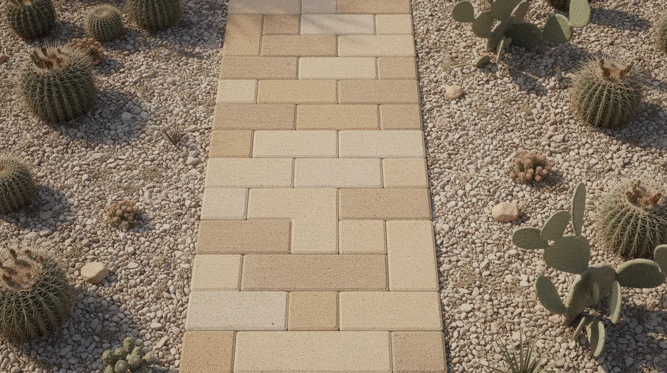 This image features a close-up overhead view of a walkway made from warm tan running bond pattern pavers, surrounded by gravel and small cacti in a desert garden. The hardscaping design creates a beautiful outdoor space, enhancing the property’s aesthetic and functionality.