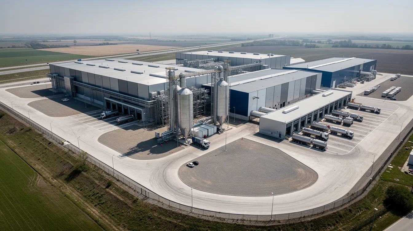 6a0550fe d947 4013 8a5b a57458c0bfdc An aerial view shows a large modern whey processing plant complex, featuring multiple industrial buildings and storage silos used for whey protein manufacturing. This facility is integral to the food industry, focusing on the production of whey protein concentrate and isolate, essential for various nutritional products.