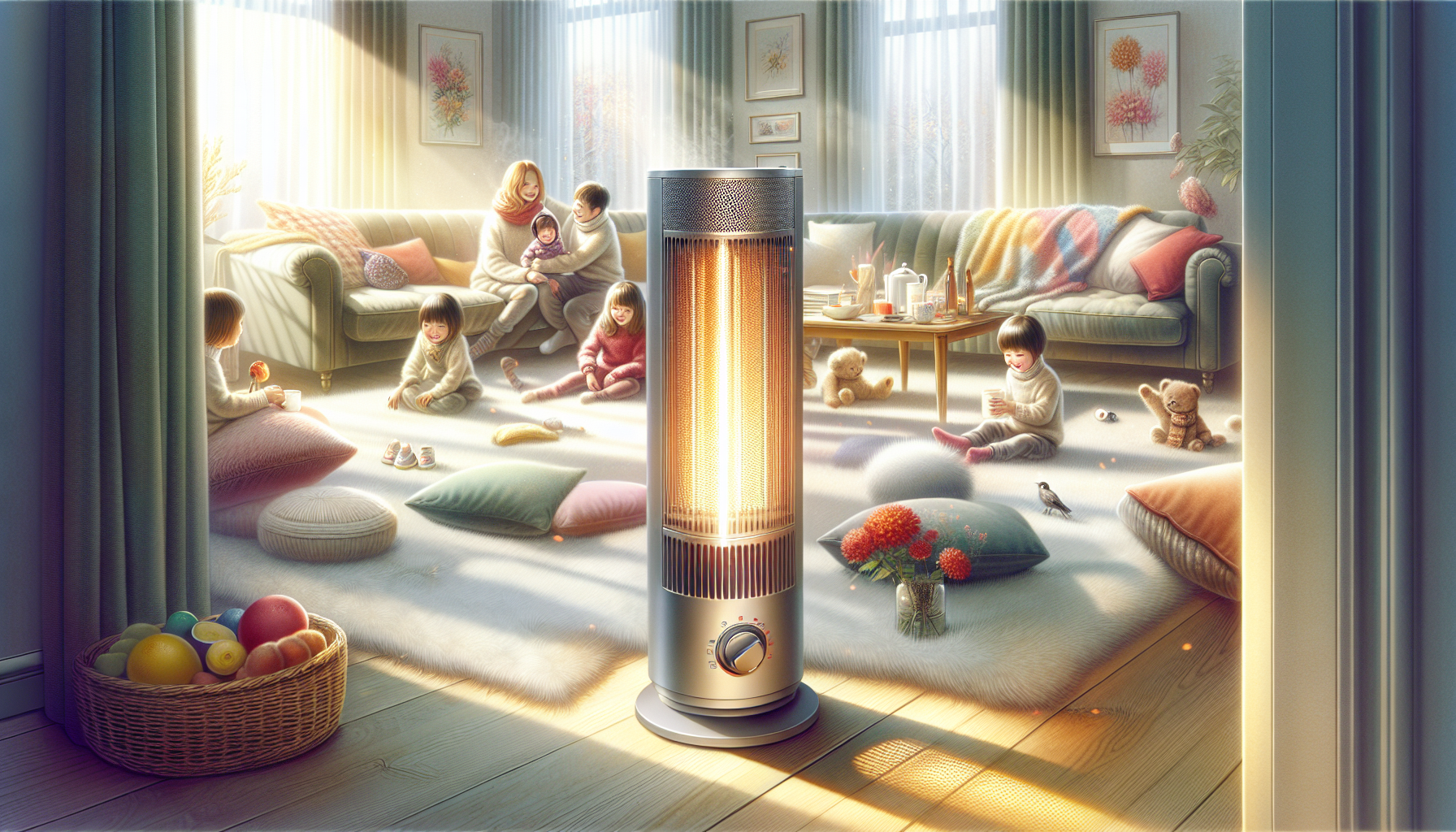 A cozy living room featuring a Rinnai gas heater providing warmth.