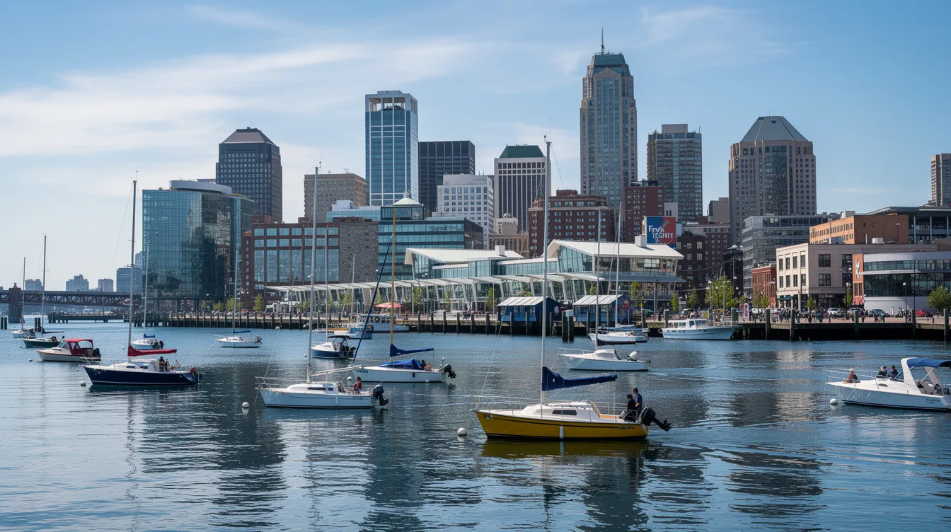The image depicts the Baltimore Inner Harbor skyline during the daytime, with several boats anchored in the foreground, showcasing the vibrant atmosphere of this popular Maryland destination. The scene captures the essence of urban life and the scenic beauty of the harbor, making it a notable spot for visitors and residents alike.