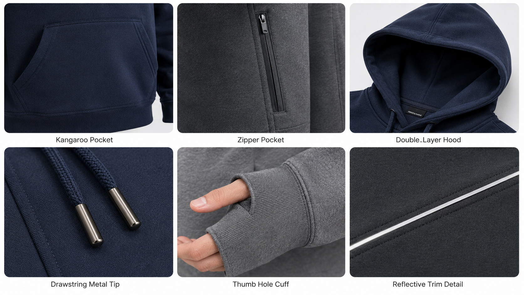 Hoodie feature details including pockets, hood construction, drawstrings, thumb holes, and reflective trim