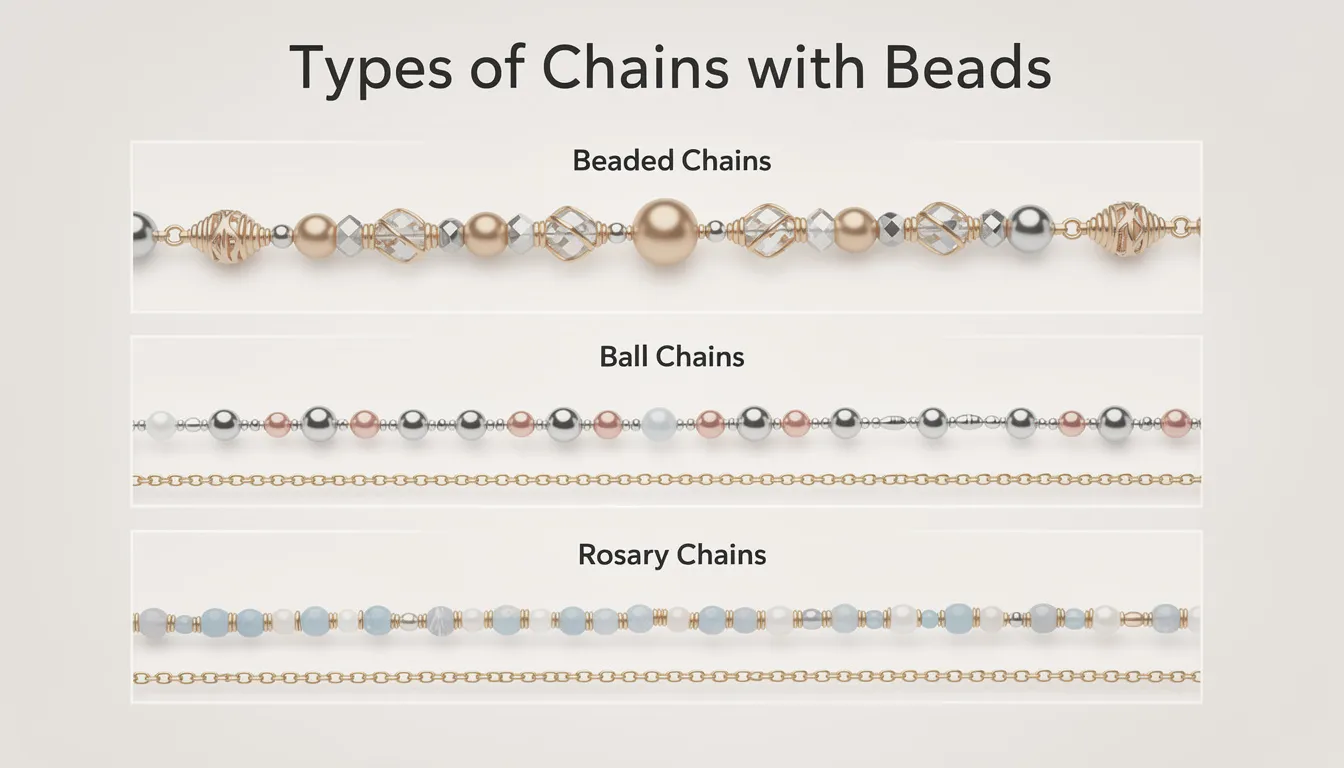 The image showcases various types of chains with beads, including a sophisticated beaded chain made of larger intricate beads, a flexible ball chain composed of small metal balls, a station chain with evenly spaced beads for layering, and a rosary chain featuring gemstones or glass beads linked with wire loops, all ideal for jewellery making. Each chain type highlights a unique design and functionality, suitable for creating beautiful necklaces.