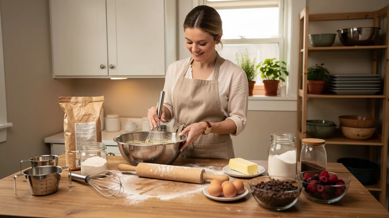 6a08f77a d51f 44a0 8a20 209c3d5ccc89 The image depicts a woman entrepreneur in a cozy home kitchen, surrounded by baking equipment and various ingredients on the counter, embodying the spirit of micro and small businesses. She is likely utilizing her skills to create products that could benefit from financial assistance through initiatives like the Pradhan Mantri Mudra Yojana.