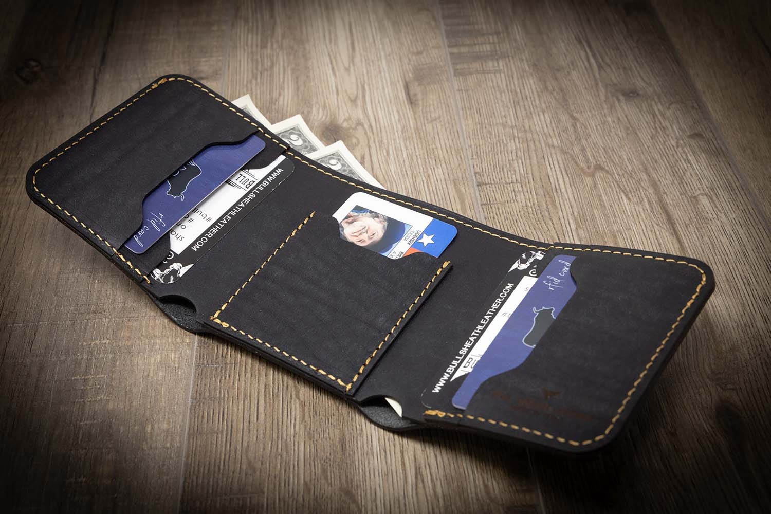 A trifold ID wallet with customization options