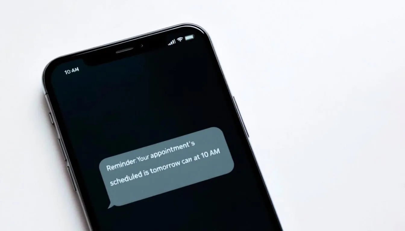 Un teléfono móvil muestra un mensaje de WhatsApp Business que contiene un recordatorio de cita para un servicio en un salón de belleza. Este mensaje es parte de un sistema de programación de citas diseñado para mejorar la gestión de reservas y reducir inasistencias de clientes y pacientes.