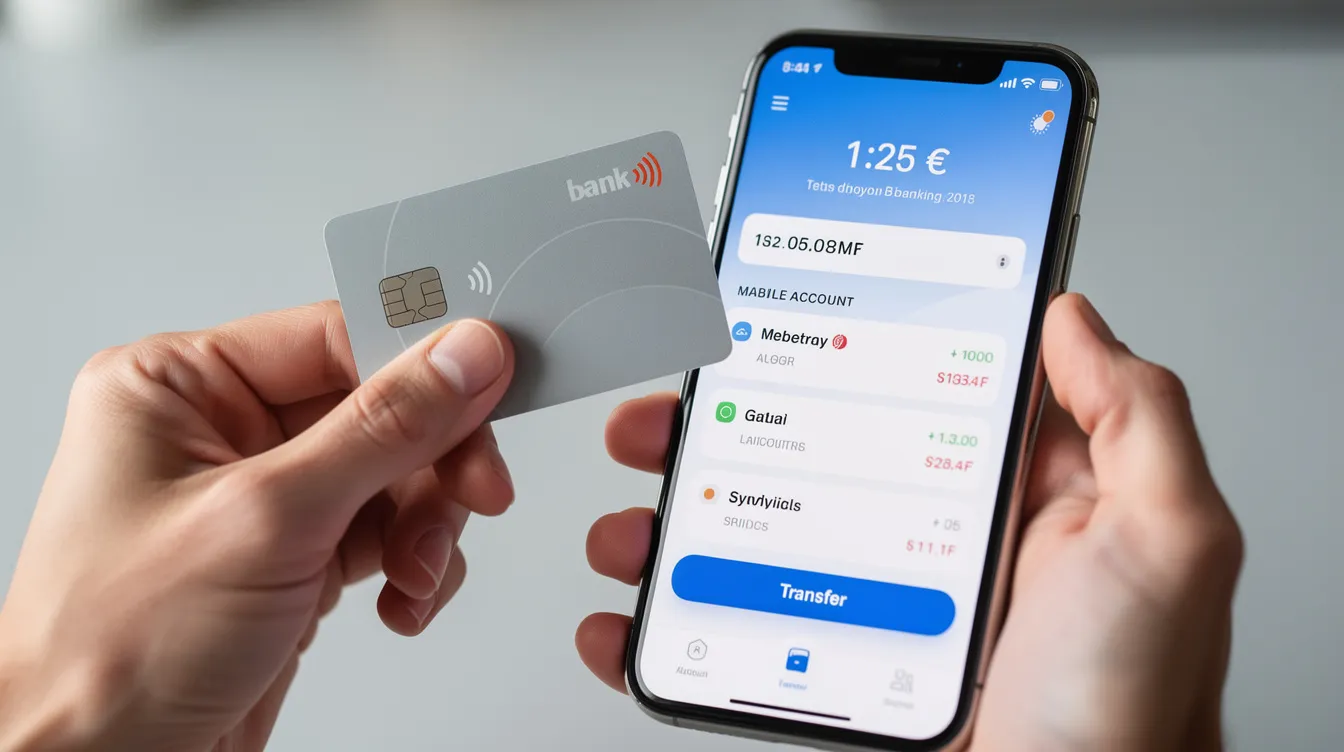 A close-up image shows a hand holding a bank card next to a smartphone that displays a banking app, emphasizing online banking and financial transactions. The bank card features printed numbers, including the account number and branch transit number, essential for secure payments and electronic fund transfers.
