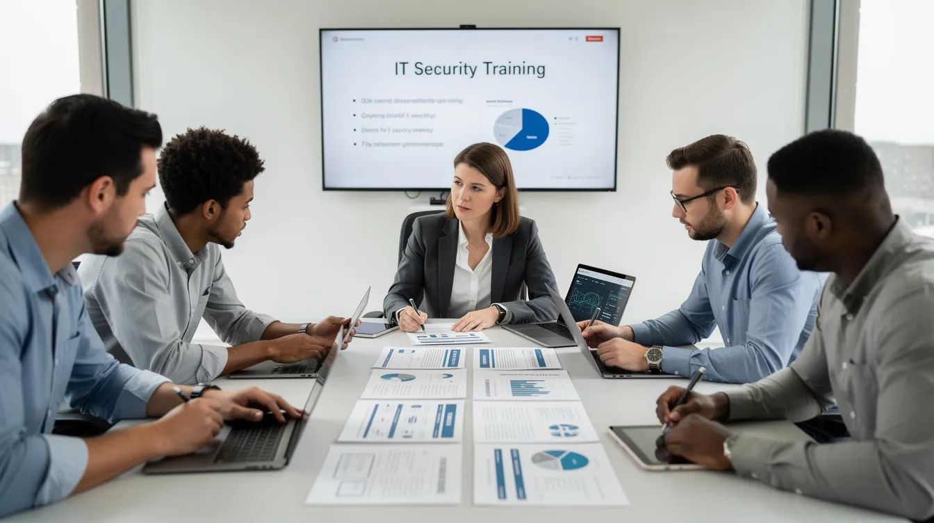 An HR professional and an IT team member are collaboratively reviewing training documents focused on cybersecurity, specifically discussing the NIST cybersecurity framework and its importance in employee training for security awareness and risk management. The meeting emphasizes the need for effective training courses to enhance knowledge and skills related to data protection and incident response within organizations.