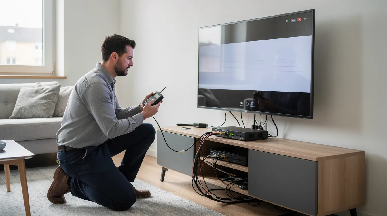 A technician is in a living room, carefully testing a DSTV decoder and checking cable connections to ensure proper signal quality. The TV screen displays a troubleshooting message, indicating a potential error code related to signal loss or a faulty connection.