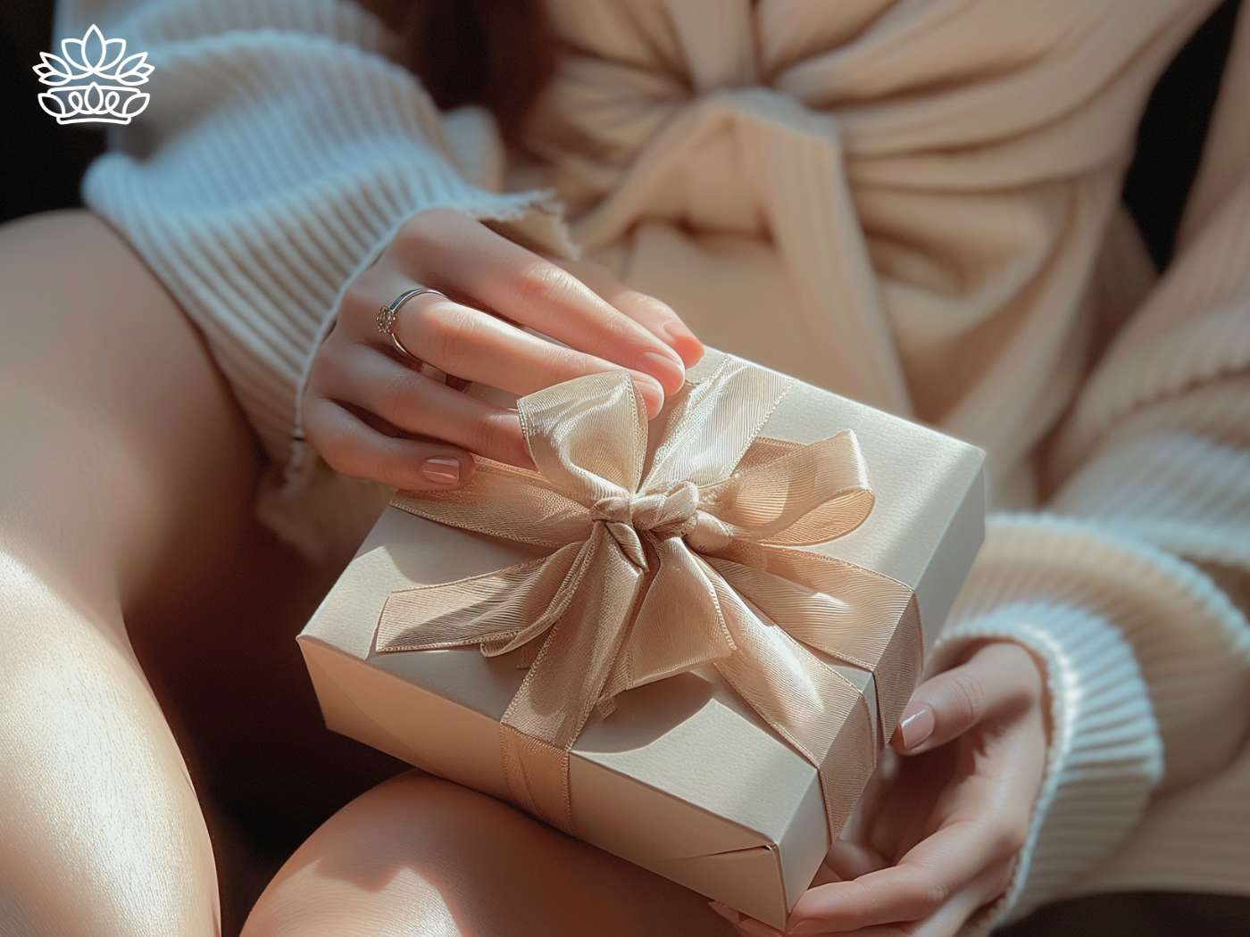 Close-up of hands cradling an elegant beige gift box with a satin ribbon, part of the 'All Gift Boxes' collection from Fabulous Flowers and Gifts