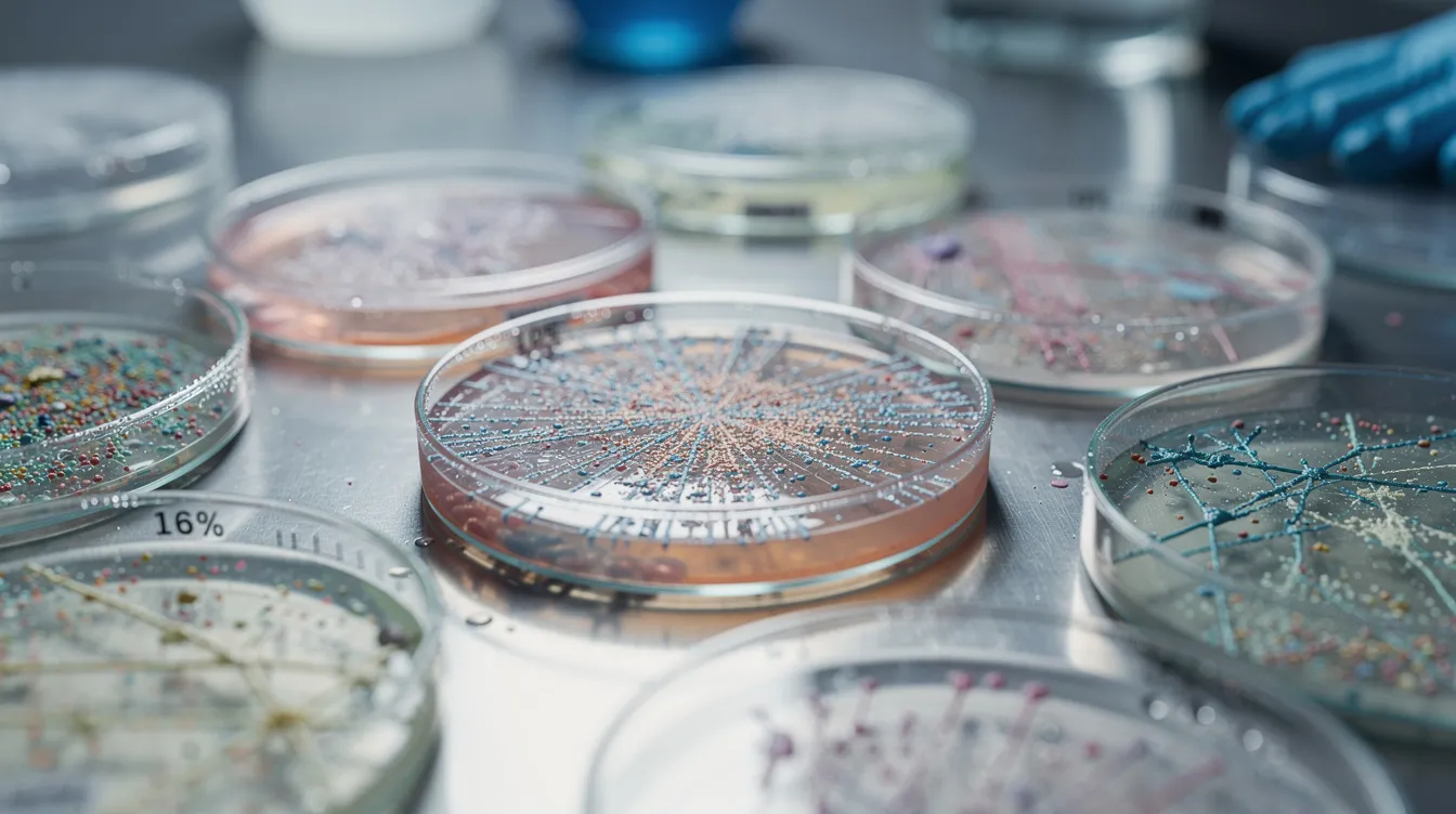 The image features a close-up view of laboratory petri dishes containing various cellular cultures, showcasing the intricate details of the cells. This setting highlights the importance of cellular energy production and research related to nicotinamide mononucleotide (NMN) and its potential benefits in enhancing health and energy levels.