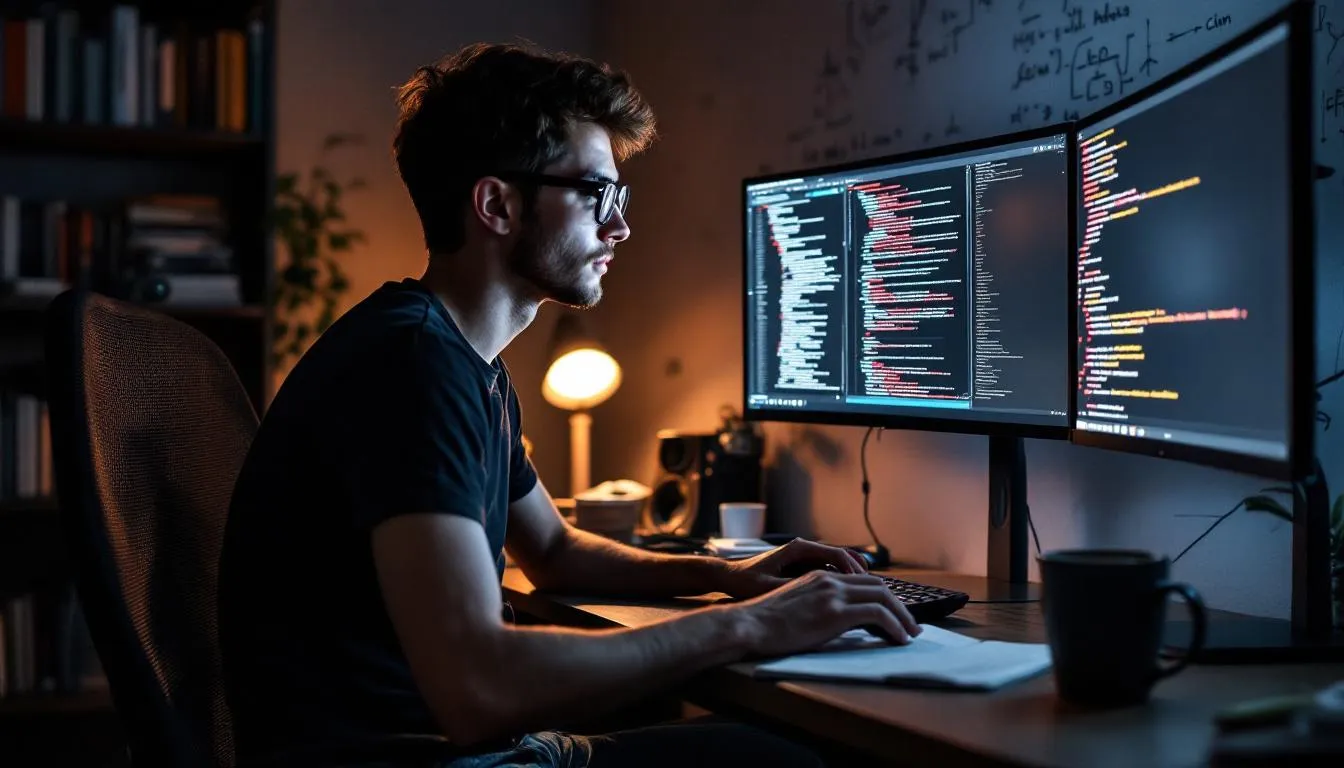 A developer is intently focused on a computer screen displaying various error messages and debugging tools, indicating a troubleshooting session. The screen may be used for integrating Mapbox's customizable maps and SDKs, highlighting the importance of resolving issues for seamless app performance and user experience.