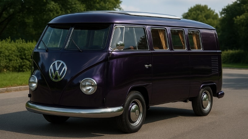 An RV wrapped in metallic midnight purple vinyl wrap