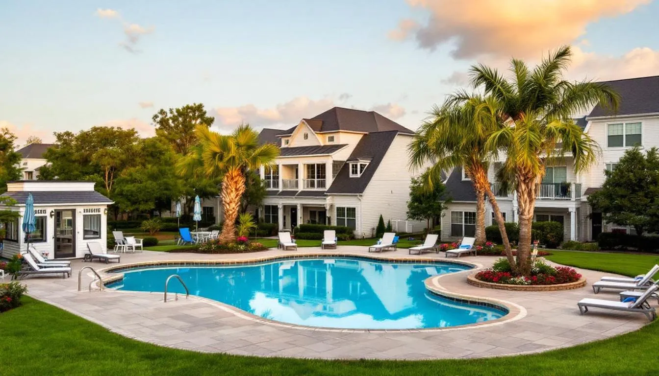 In a picturesque neighborhood, a vibrant community pool is surrounded by homes