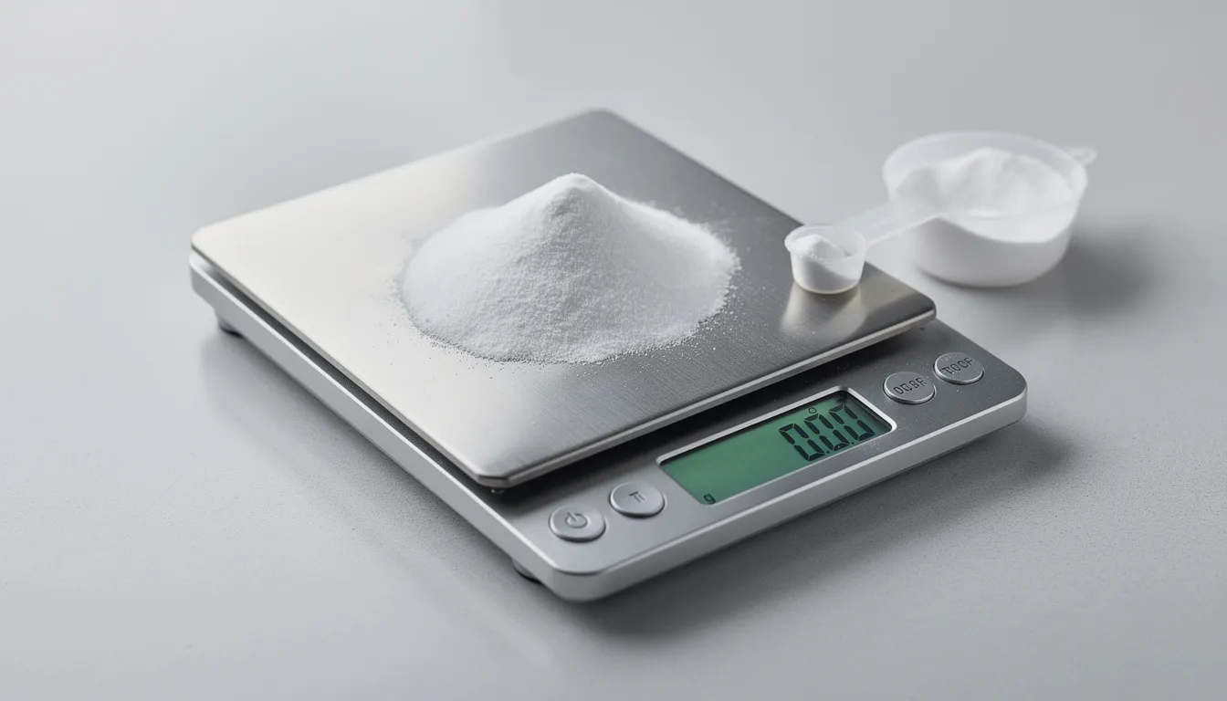 The image features a precision digital scale displaying a small amount of white powder, accompanied by a measuring spoon, all set on a clean surface. This setup suggests a careful approach to measuring nmn powder, which requires precise dosing for optimal absorption and effectiveness compared to nmn capsules.