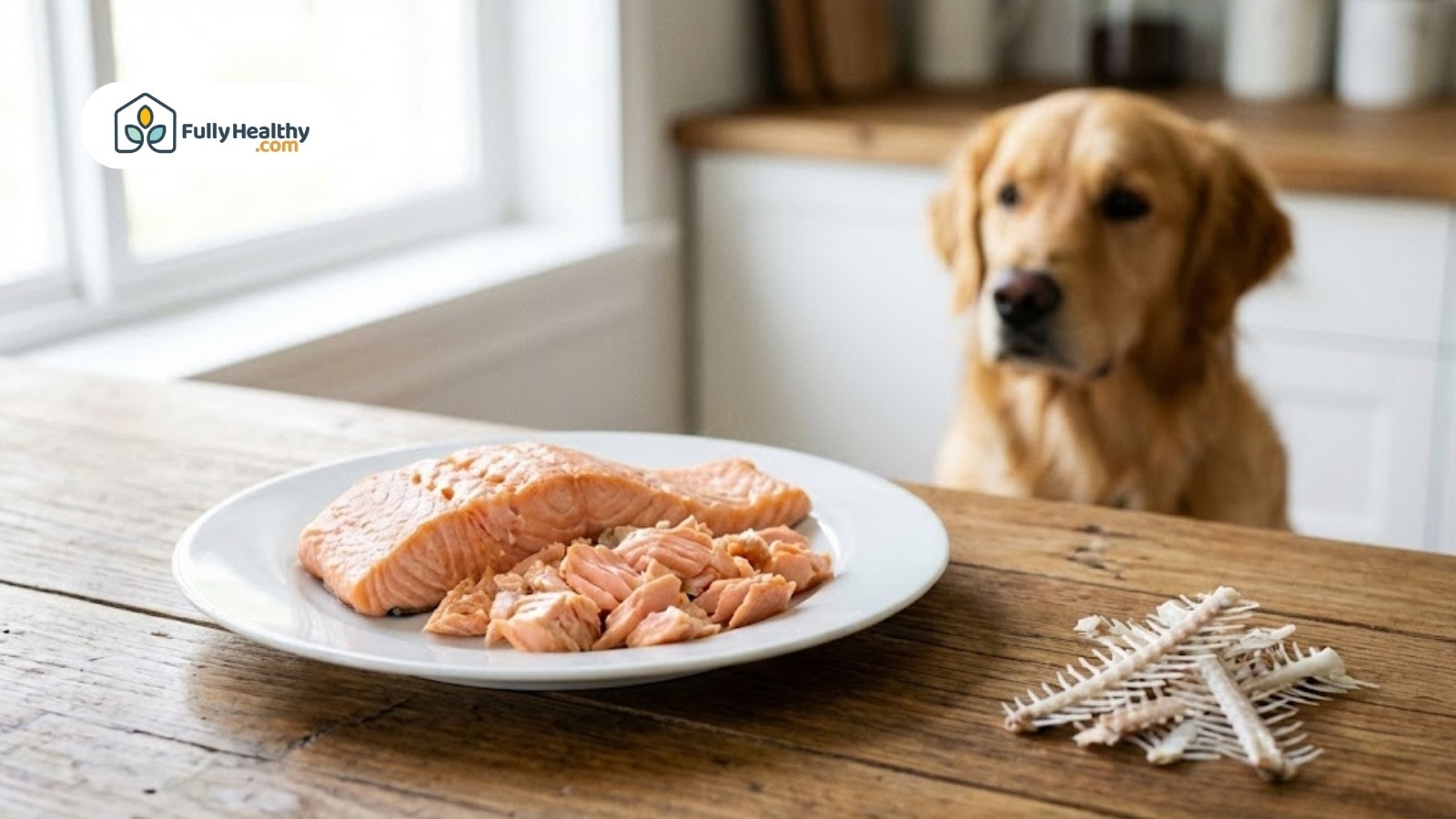 Cooked salmon and bones on plate while dog looks on from kitchen background