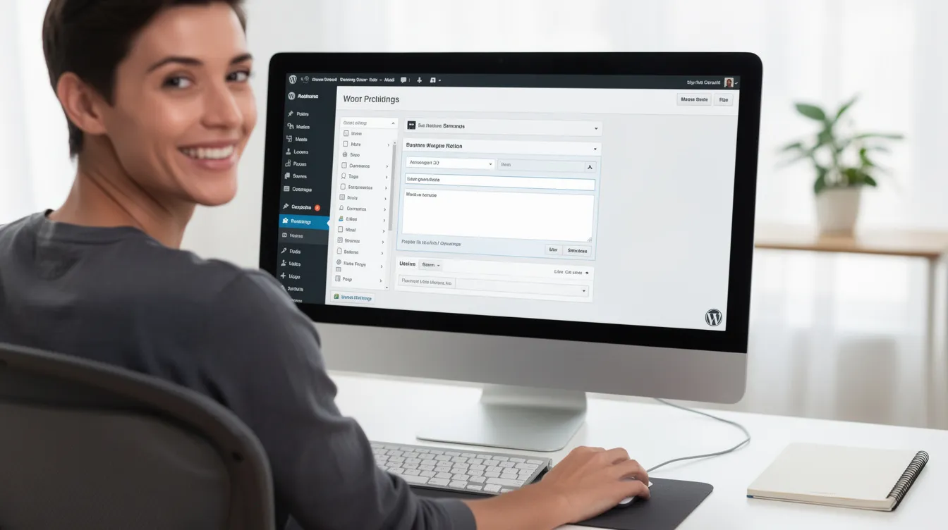 Una persona sonríe frente a un monitor que muestra el escritorio de WordPress, donde se pueden ver diversas opciones del panel de control para gestionar su sitio web. En la pantalla se aprecian herramientas para la instalación de WordPress, así como secciones para configurar la base de datos y los plugins.