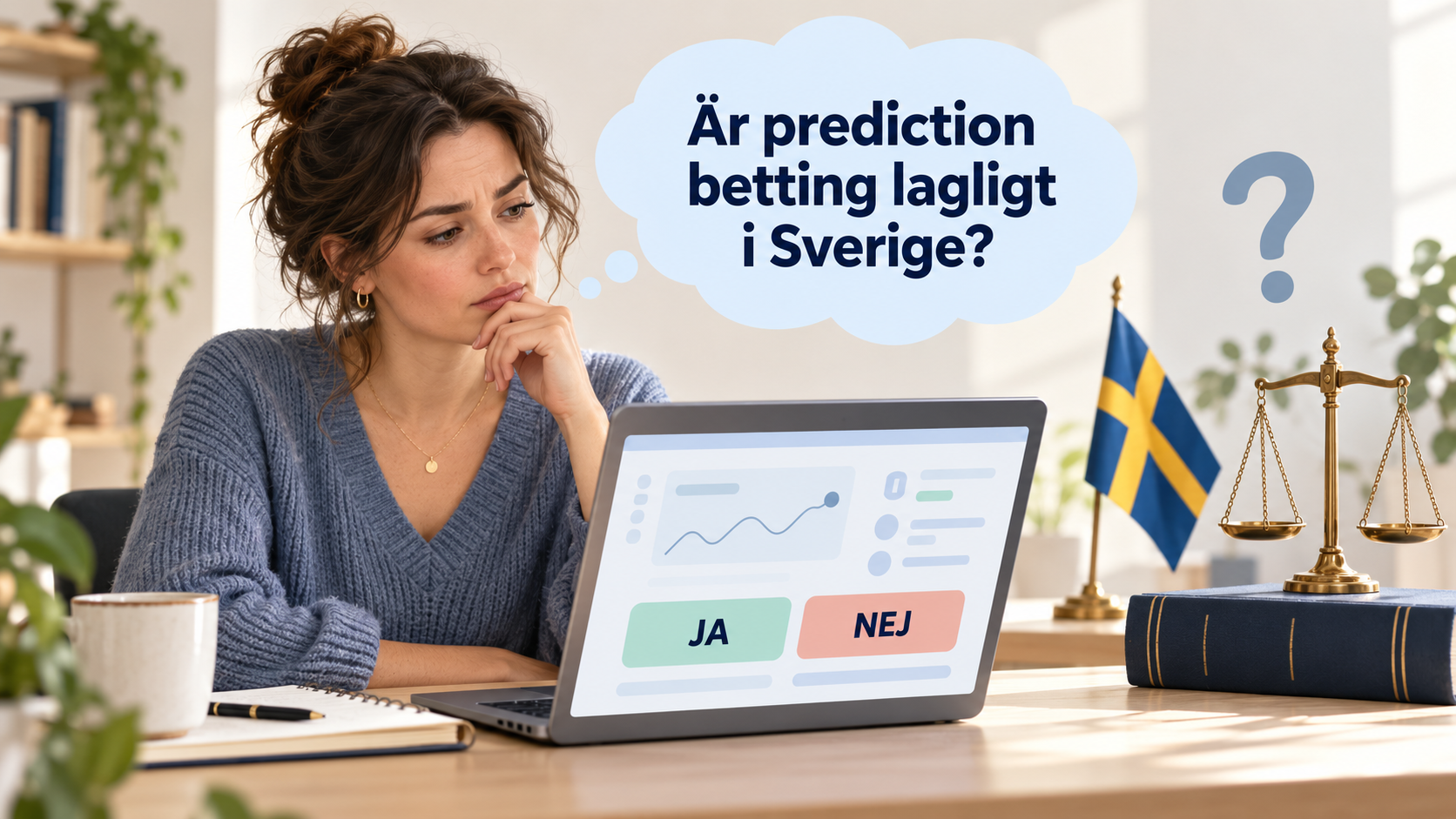Kvinna funderar på om prediction betting är lagligt i Sverige, med svensk flagga, lagbok och balansvåg bredvid datorn.