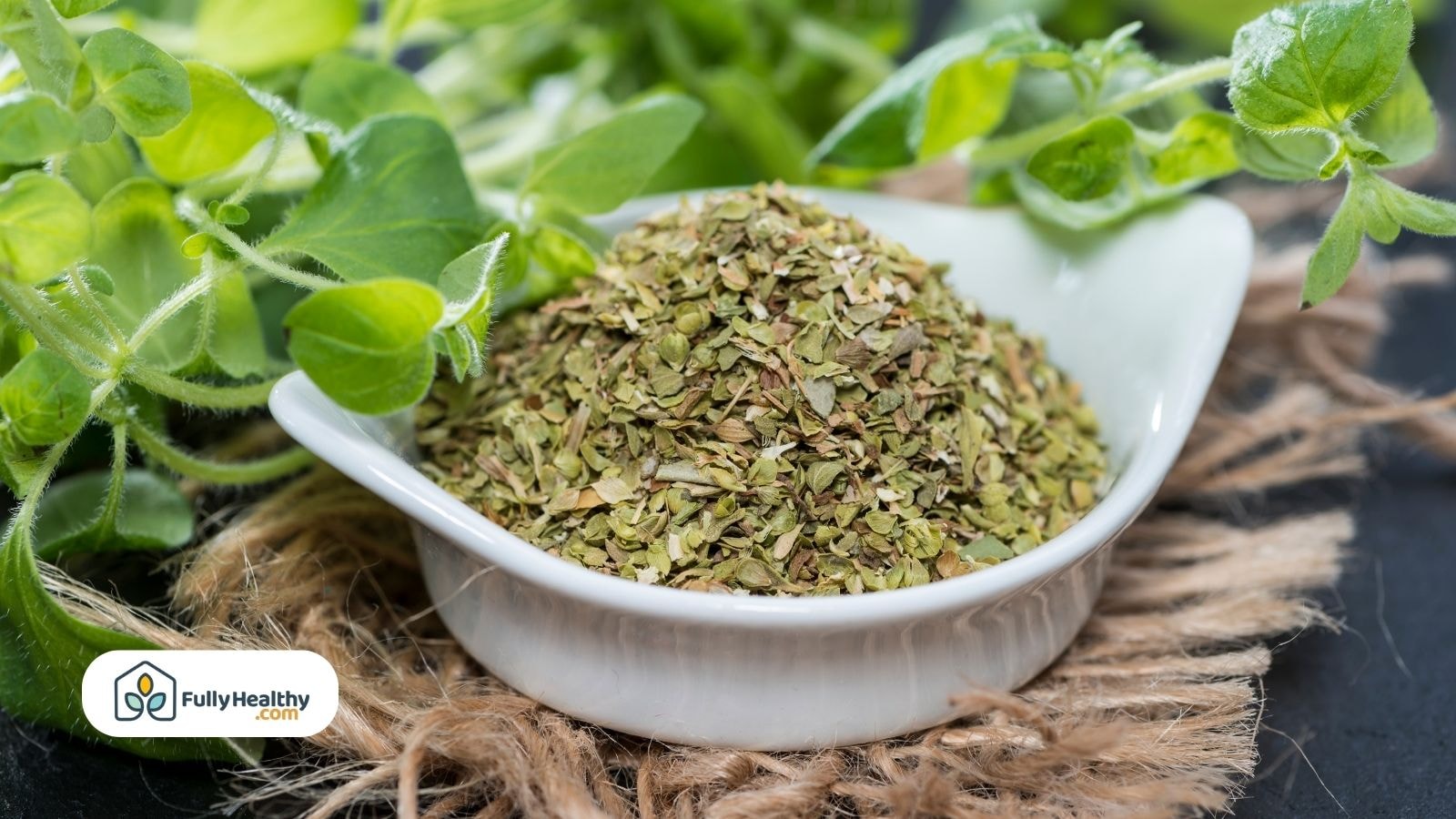 Crushed dried oregano in white bowl surrounded by fresh oregano leaves