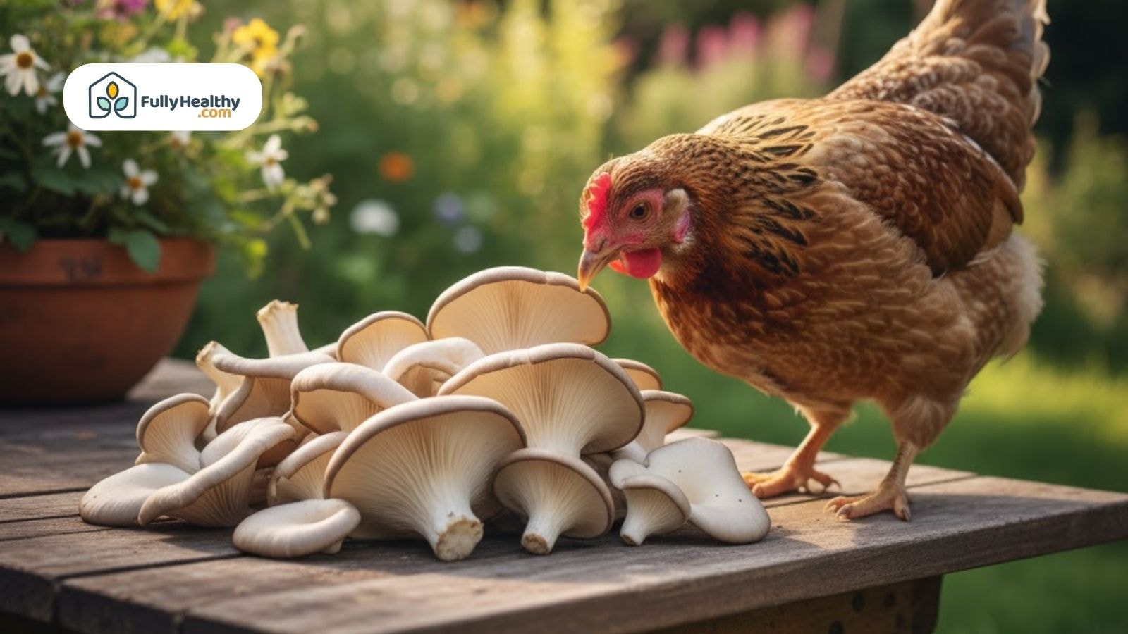 Chicken pecking at fresh oyster mushrooms on wooden outdoor table